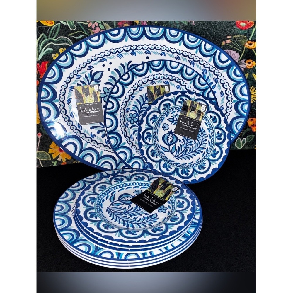 Nicole Miller Blue Jacobean Floral Melamine Set 9 Pc Dinner Salad Plates / Tray